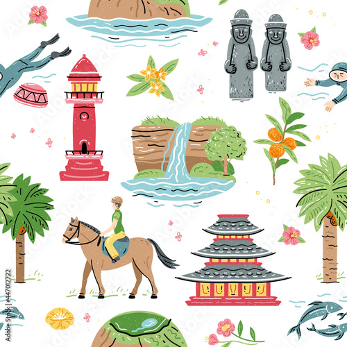 Welcome to Jeju island, seamless pattern with South Korea travel. Korean land with traditional attractions stone figures, mountain, lighthouse, flower and fruit, waterfall. Jeju people.