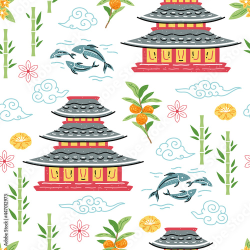 Japanese pagoda seamless pattern for wallpaper design. Nature background vector. Vector illustration design. Vintage style. Simple design. Sketch drawing.