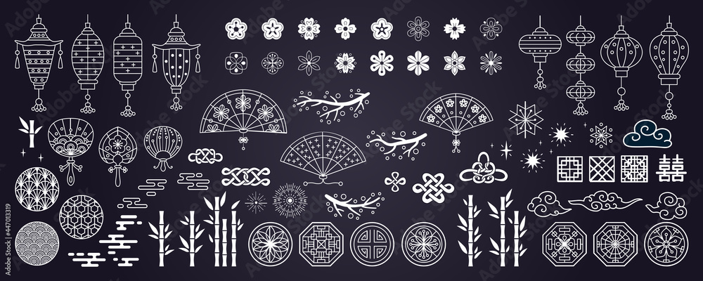 Naklejka Collection of decorative elements in asian style with fan, lantern, paw prints, clouds, lanterns, flowers, tree branch, fireworks. Hand drawn vector oriental elements.