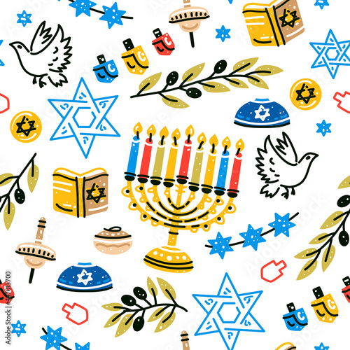 Hanukkah pattern in flat style on white background. Vector illustration. Jewish holiday background. Seamless vector texture. Cartoon illustration.