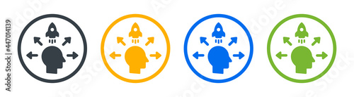 Productive person icon. Motivation symbol. Containing rocket, head, arrow icon.