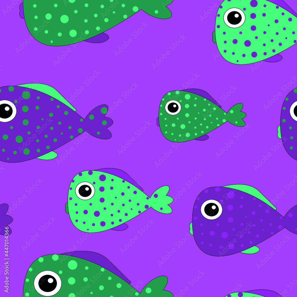 Fish pattern on a purple background. Cute fishes