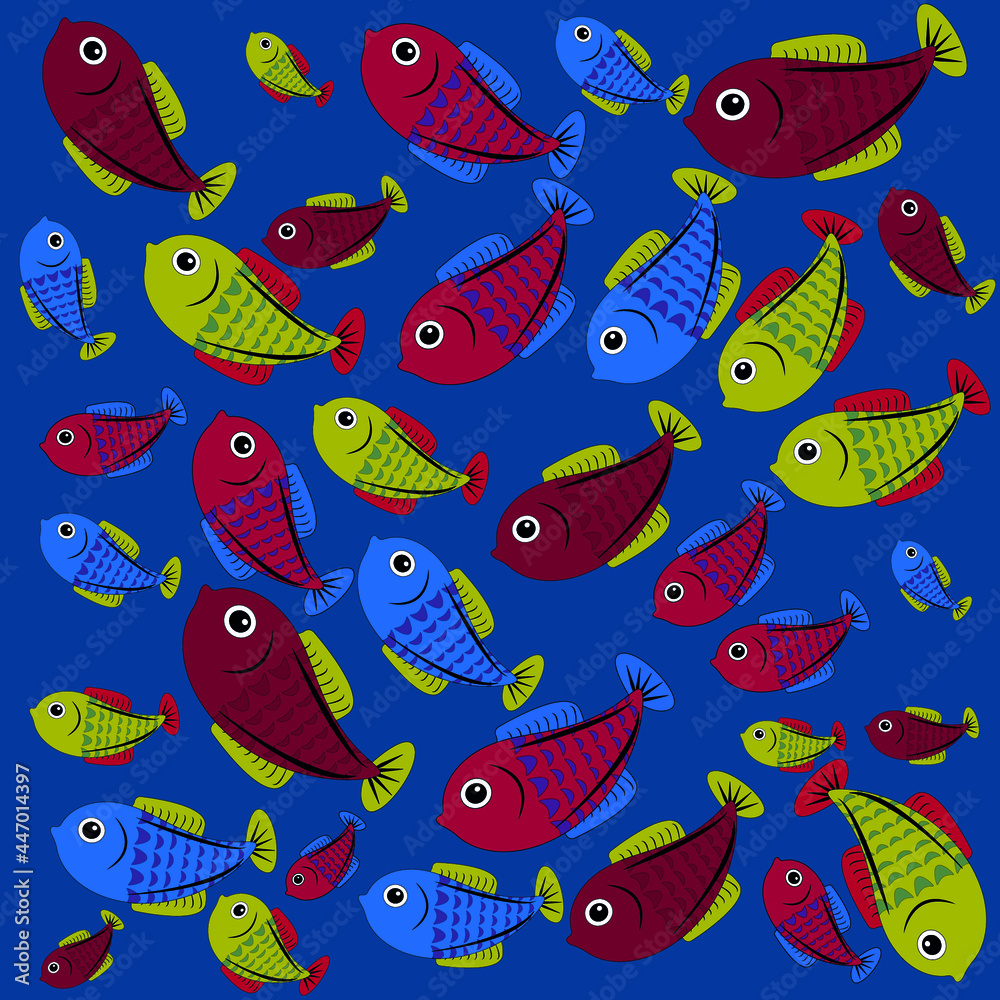  vector pattern with cute colorful  decorative fish. Funny multicolor background, sea texture