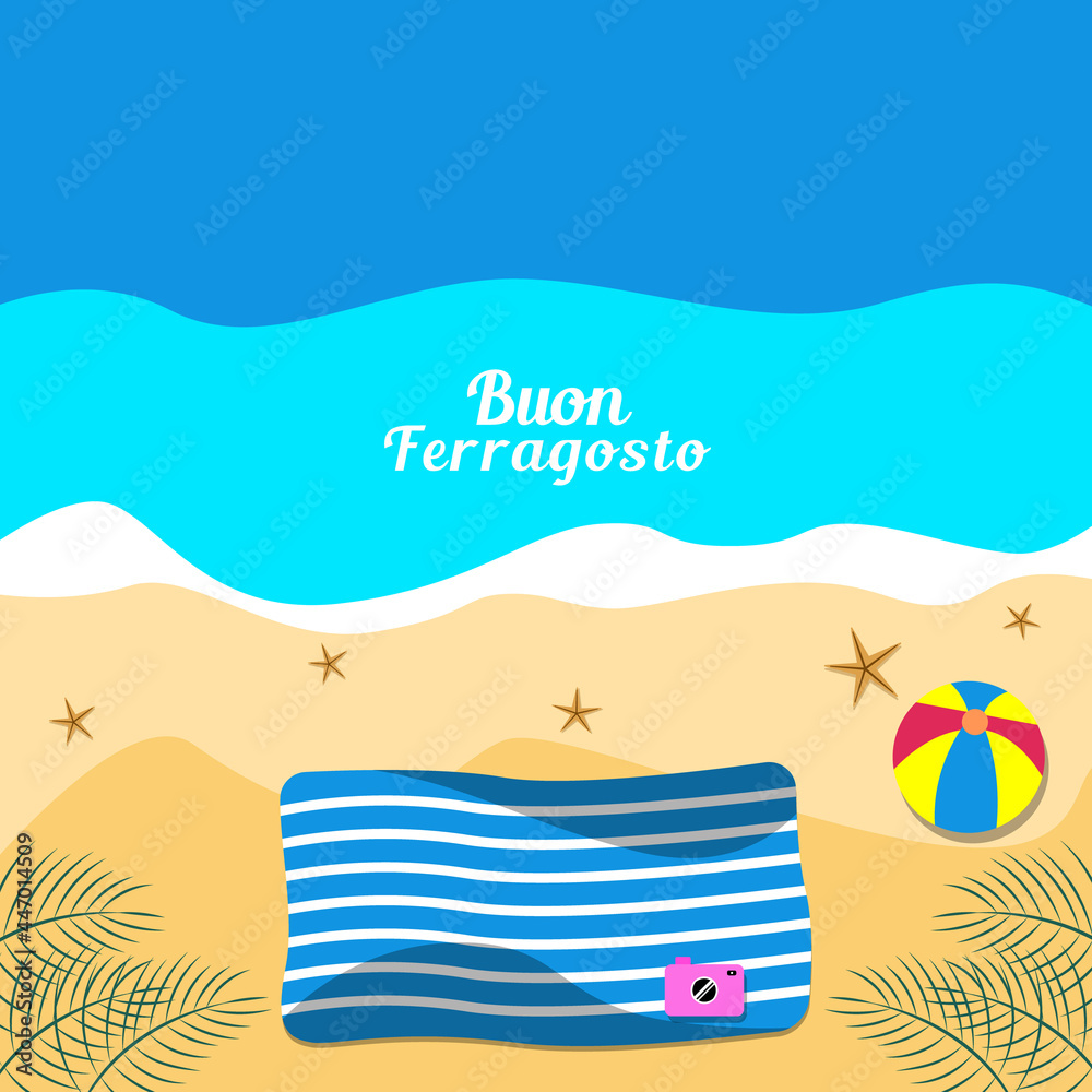 buon ferragosto illustration flat design in the beach