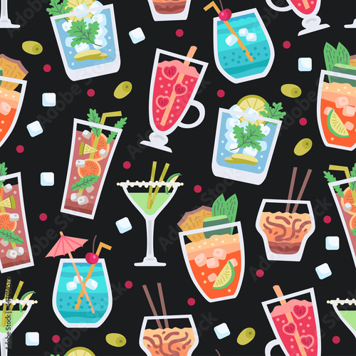 Retro alcoholic fruit cocktails seamless pattern for wallpaper design. Vintage design. Beach summer party drinks backdrop 