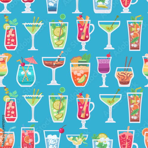 Retro alcoholic fruit cocktails seamless pattern for wallpaper design. Vintage design. Beach summer party drinks backdrop 