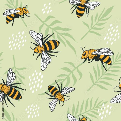 Vector seamless pattern with bees and leaves.