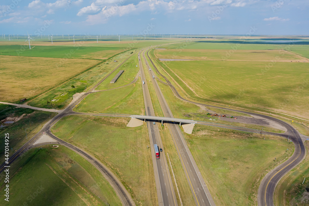 Panorama aerial view of highway road junction from the height drone