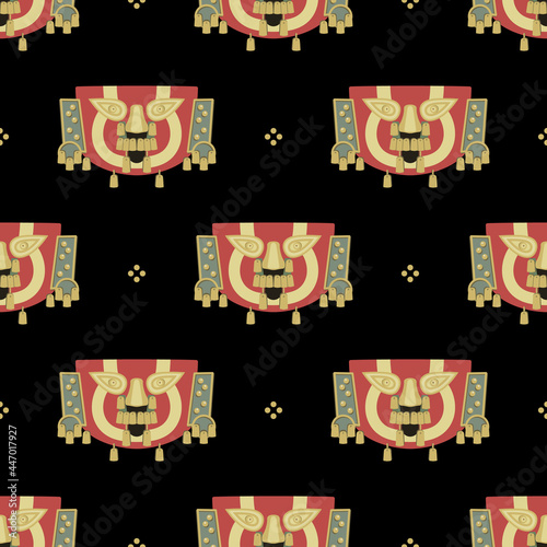 Seamless geometrical pattern with Pre Columbian tribal motifs. Ancient Peruvian funerary mask from Sican. Lambayeque culture.