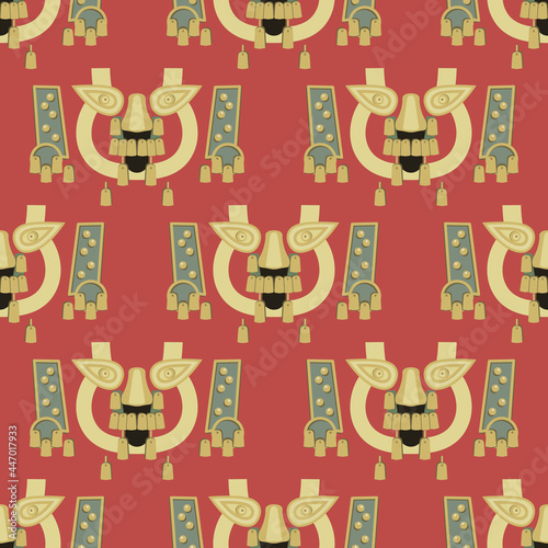Seamless geometrical pattern with Pre Columbian tribal motifs. Ancient Peruvian funerary mask from Sican. Lambayeque culture.