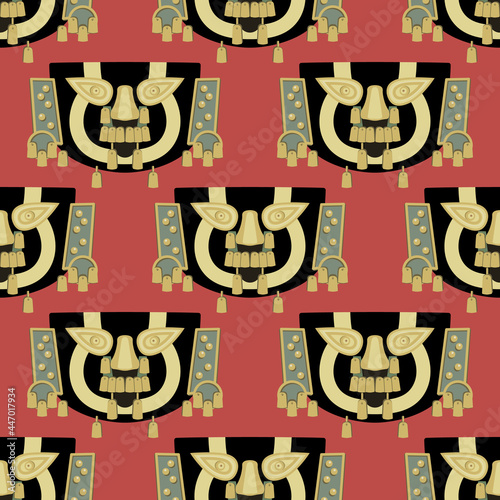 Seamless geometrical pattern with Pre Columbian tribal motifs. Ancient Peruvian funerary mask from Sican. Lambayeque culture.