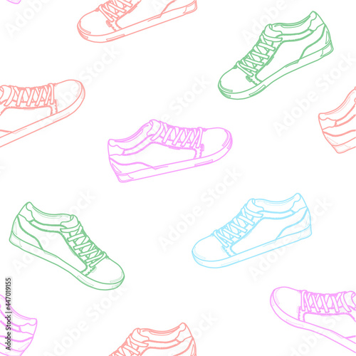 Sports shoes background. Hand drawn sketch of shoes - sneakers. Illustration.