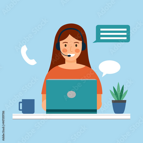Customer service, call center, customer support concept vector illustration. Woman staff working with laptop computer.