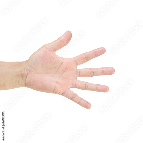 Man hand showing five finger isolated on white background ,clipping path included use for graphic design