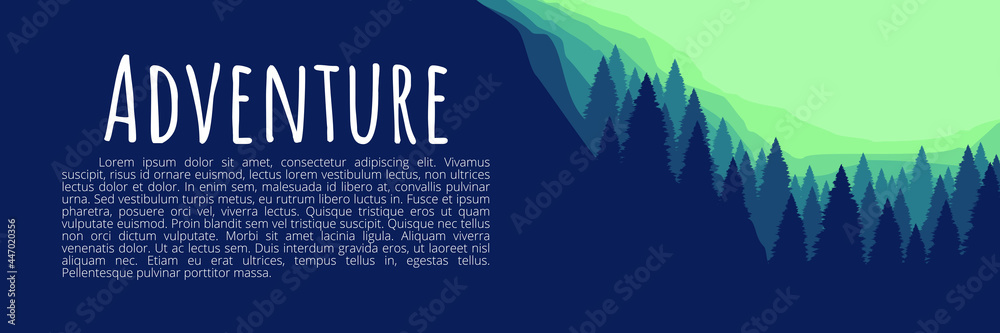Fototapeta premium minimalist forest mountain flat design vector banner template good for web banner, ads banner, tourism banner, wallpaper, background template, and adventure design backdrop 