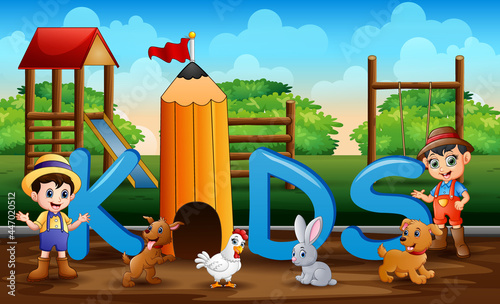 The farmers with farm animals in the playground background