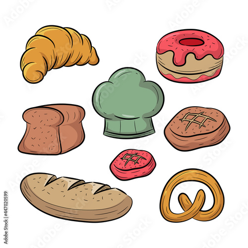 Bakery Doodle vector illustration, Colored hand drawn sketching style