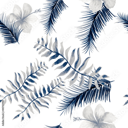 Gray Seamless Botanical. Cobalt Pattern Leaves. Indigo Tropical Design. Navy Spring Palm. Blue Decoration Vintage. Drawing Leaves. Watercolor Texture.