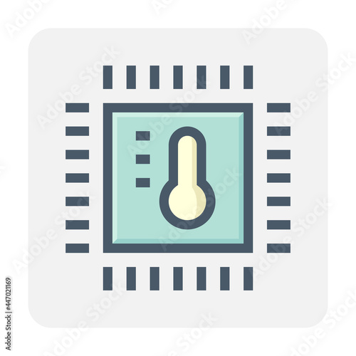 Microchip processor and thermometer vector icon. Concept for temp of gpu, cpu. And thermostat processor for smart home. To check, monitoring and control energy, fan, heater, air conditioner. 48x48 px.