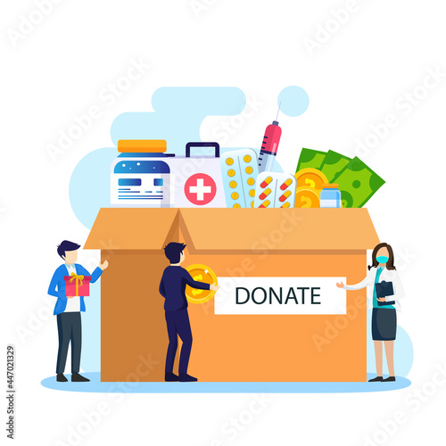 Cardboard box full of drugs. Different pills bottles, healthcare, pharmacy. Medical drug vitamin, antibiotic. Donate, charity. Flat vector template Style Suitable for Web Landing Page.