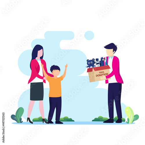 Cardboard donation box full of toys and devices. Help for children, support for poor kid. Social care, volunteering and charity concept. Flat vector template Style Suitable for Web Landing Page.