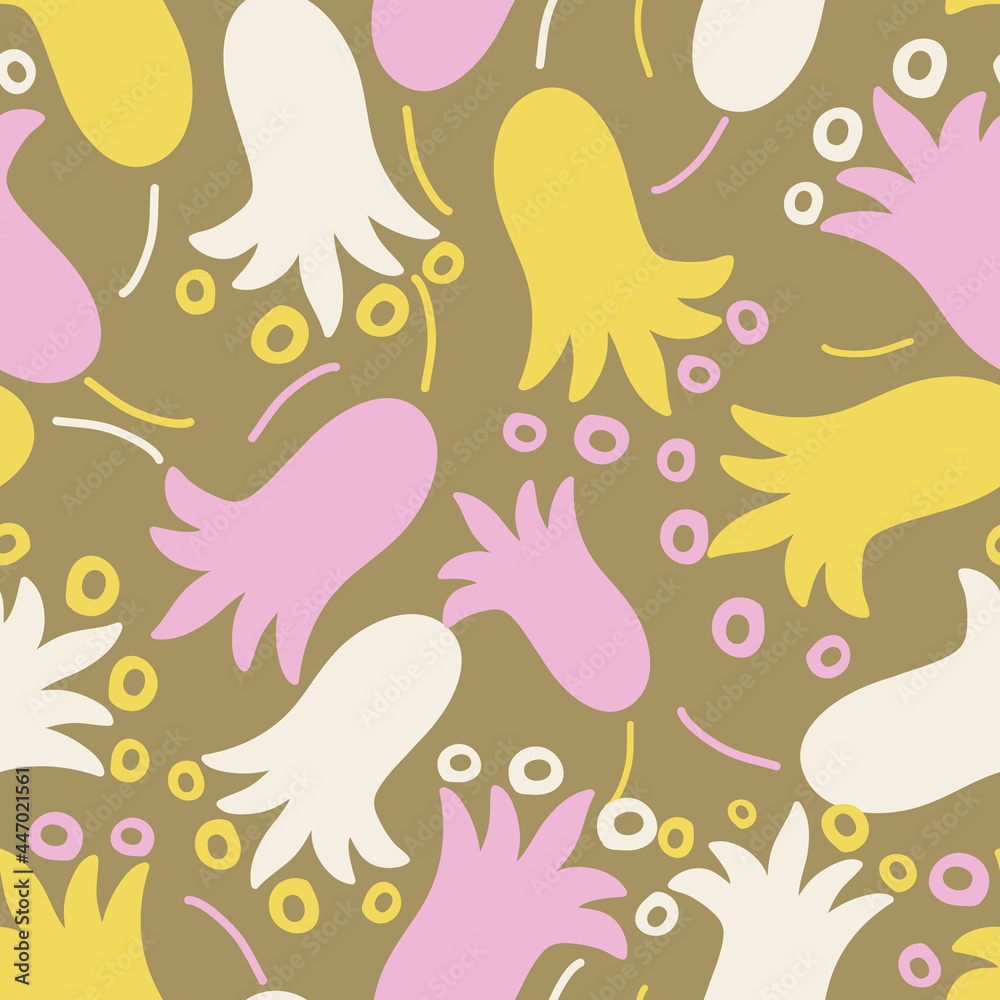 Gold with pink and yellow bulb flowers seamless pattern background design.