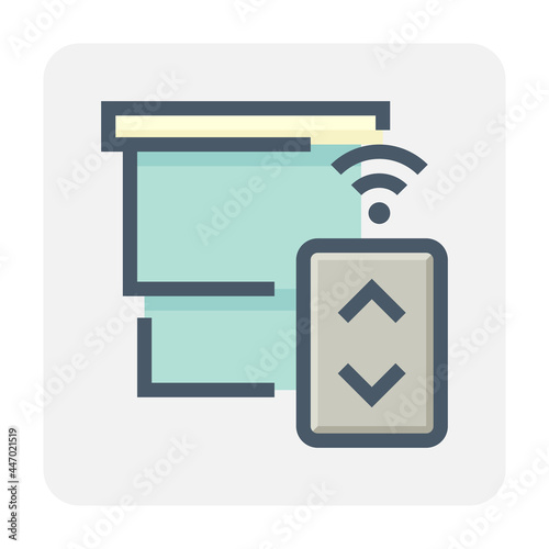 Automatic smart roller blind vector icon. Building automation system for interior smart home working by electric power, motor. Operated or open close by sensor, remote control or smartphone. 48x48 px.