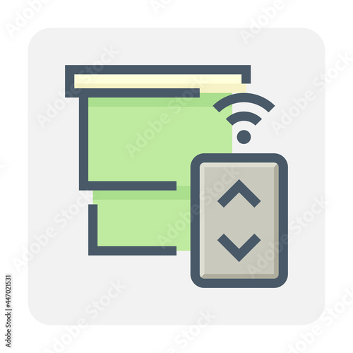 Automatic smart roller blind vector icon. Building automation system for interior smart home working by electric power, motor. Operated or open close by sensor, remote control or smartphone. 48x48 px.