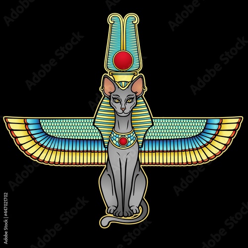 Animation color portrait Ancient Egyptian goddess Bastet (Bast). Sacred winged cat with a divine crown on the head. Vector illustration isolated on a black background. Print, poster