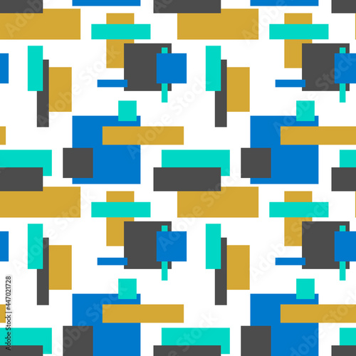 Pattern with colored geometric shapes. Squares and rectangles on a white background. Vector illustration. For menus, cafes and restaurants, flyers, prints and packaging, crockery shops, fabrics