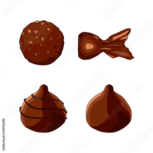 A set of chocolate truffles. A set of elements for the design of the confectionery logo. Hand drawing. Vector illustration.