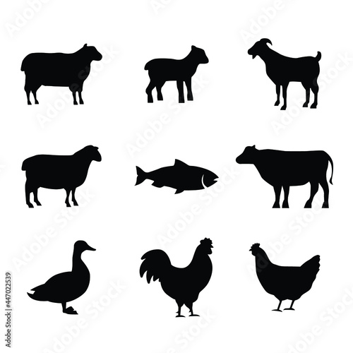 Silhouettes of Farm Animals. Cow, Goat, Sheep, Lamb, Hen, Fish, Duck. Farm Animals icons isolated on white background. Vector livestock icons. EPS 10