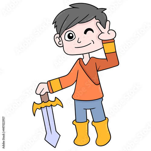 male knight standing carrying heirloom sword, doodle icon image kawaii