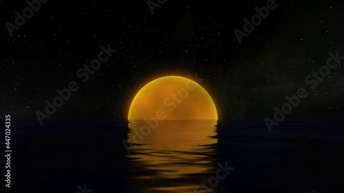 Fototapeta Naklejka Na Ścianę i Meble -  Orange moon with glow and fog, ocean
