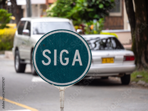Round Blue Road Sign in the Street That Reads: "Siga (Continue)"