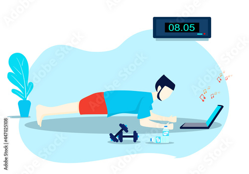 Concept relax, exercise, stay home. Man doing exercises inside the house during the holidays, plank pose. Vector flat style. Illustration for content plank, healthy, COVID-19, quarantine, vacation 