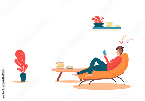 Concept relax, stay home, enjoy. man lying on the sofa reading a book in the living room, relaxing at home. Vector flat style. Illustration for content reading books, happiness, quarantine, holidays