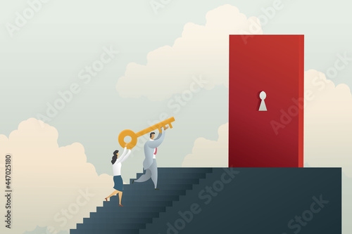 Businessman and businesswoman holding golden key to unlock the lock keyhole on red door.