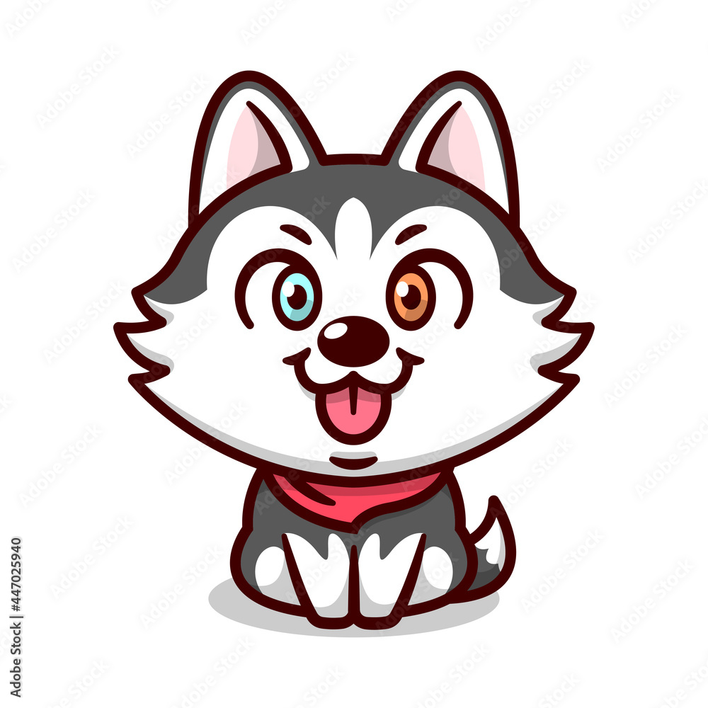 CUTE SIBERIAN HUSKY WITH DIFERENT EYES COLOR IS SITTING AND SMILING CARTOON MASCOT. CUTE SIBERIAN HUSKY WITH DIFERENT EYES COLOR IS SITTING AND SMILING CARTOON MASCOT.