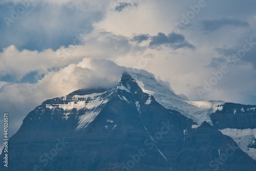 A closeup of Mt. Robson's peak and the glacier. BC Canada 