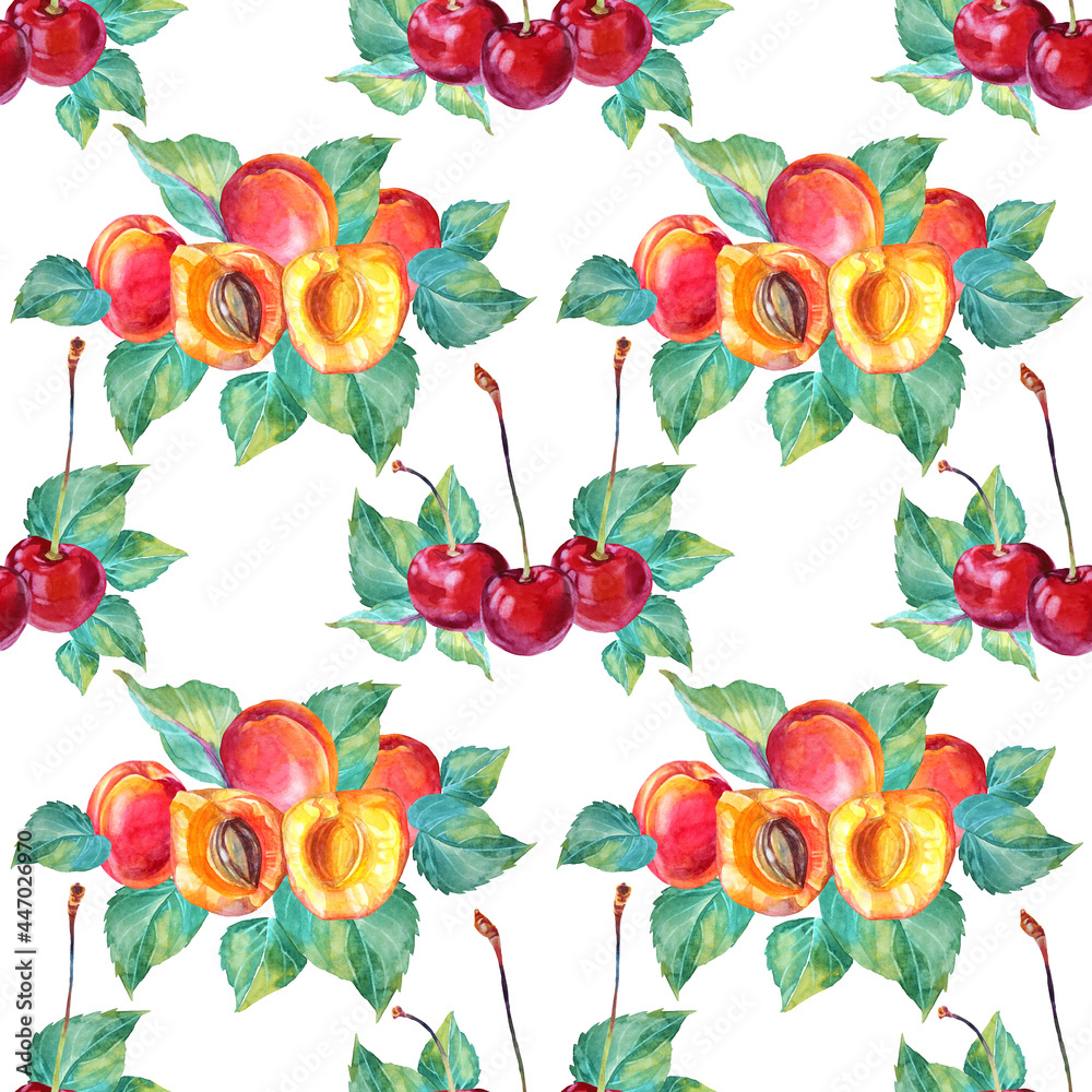 Seamless pattern watercolor apricot, cherry with green leaves. Red, yellow, orange hand-drawn fruit berry on white background. Sweet dessert summer food. Clip art for menu, card, wrapping