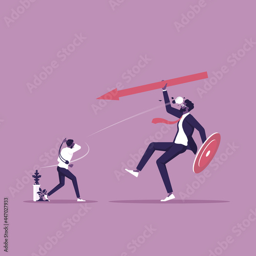 David vs Goliath concept  Small businessman use idea fighting against a big businessman  Great difficulties for small business against big corporations and the world interests to emerge and grow