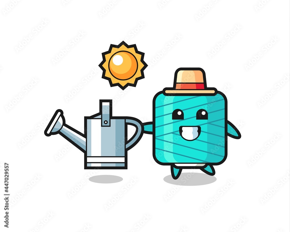 Cartoon character of yarn spool holding watering can Cartoon character of yarn spool holding watering can