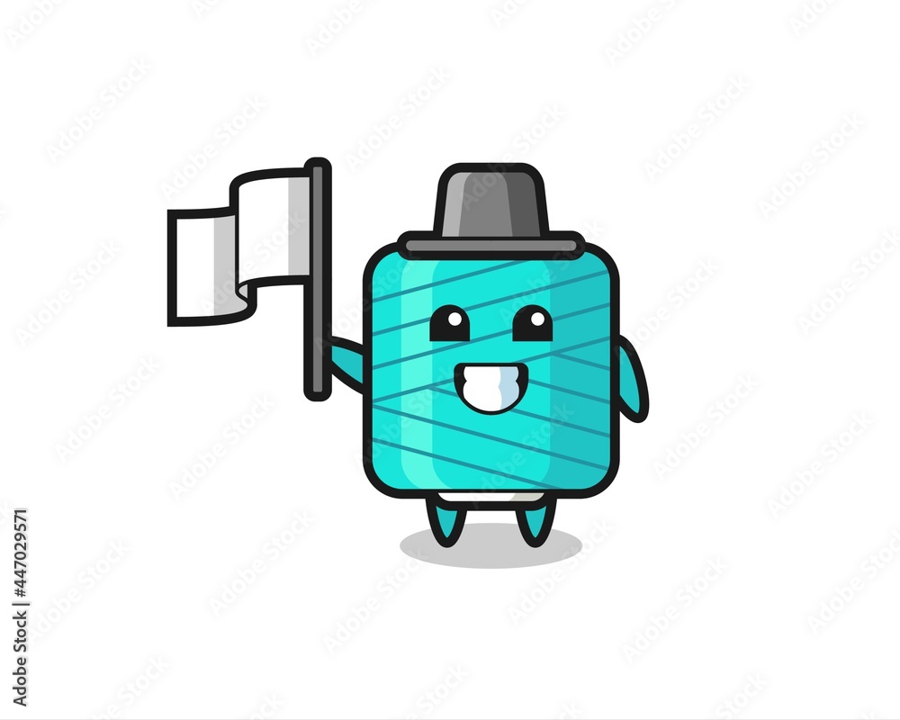 Cartoon character of yarn spool holding a flag Cartoon character of yarn spool holding a flag
