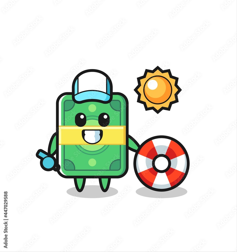 Cartoon mascot of money as a beach guard Cartoon mascot of money as a beach guard