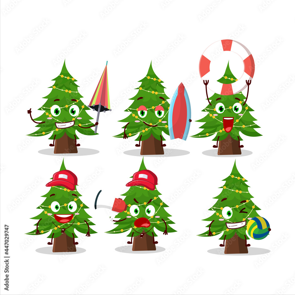 Happy Face christmas tree cartoon character playing on a beach