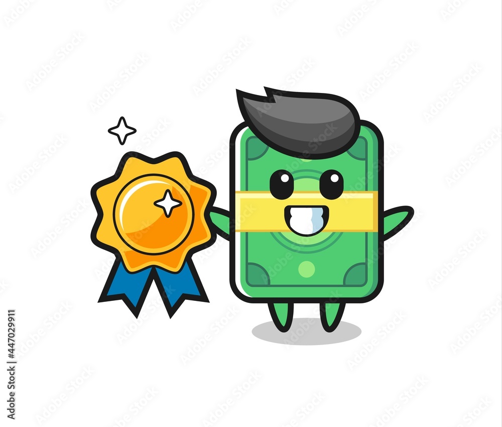 money mascot illustration holding a golden badge