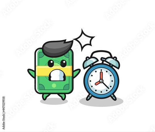 Cartoon Illustration of money is surprised with a giant alarm clock