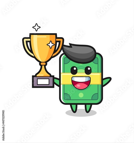 Cartoon Illustration of money is happy holding up the golden trophy