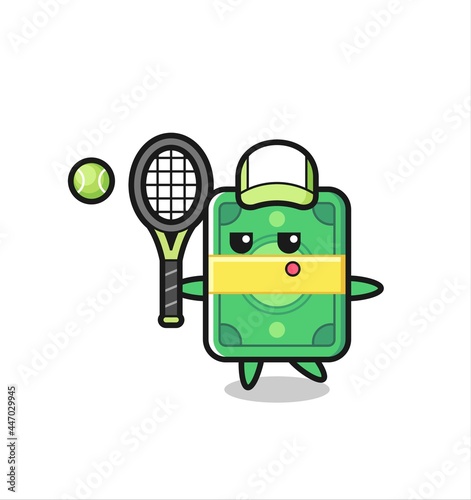 Cartoon character of money as a tennis player